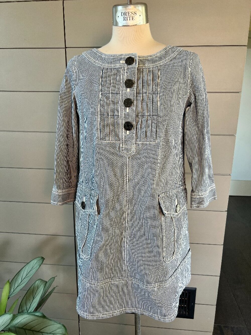 Burberry Blue Label Thick Blue Striped Denim 3/4 Quarter Sleeve Shirt Size 36